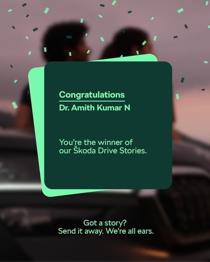 Every story leaves a trail. This one led straight to us. Congratulations, Dr. Amith Kumar N, our koda Drive Stories winner for June. Thank you for sharing your journey and becoming a part of the koda legacy Every story leaves a trail. This one led straight to us. Congratulations, Dr
