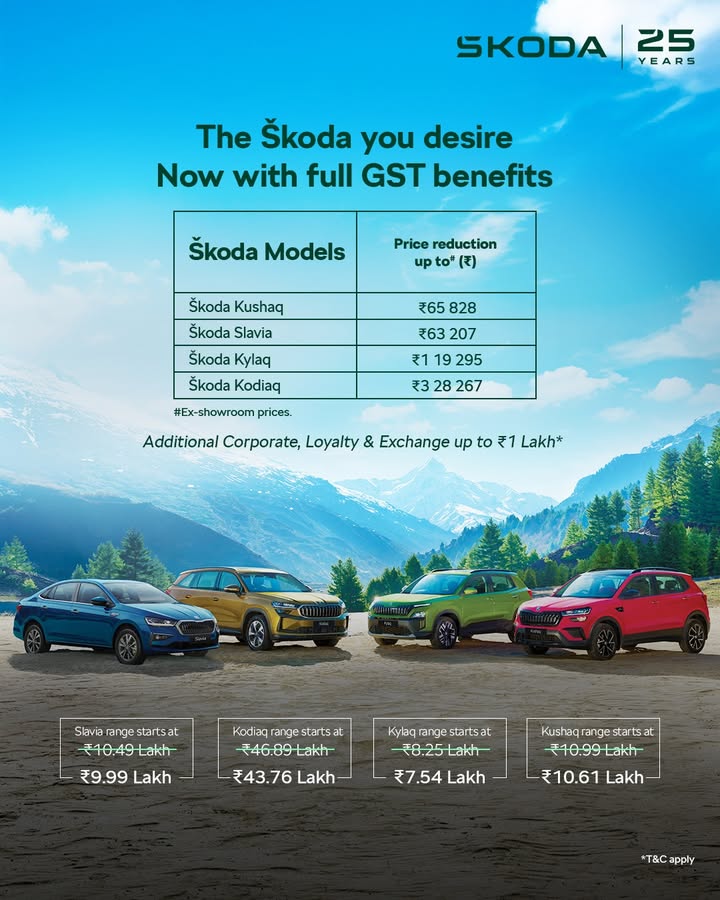 Big drives. Bigger savings. With koda, the full GST benefit comes to you. Start your drive to new beginnings. T C apply. New prices applicable from 22nd September 2025 Big drives. Bigger savings. With koda, the full GST benefit comes to you. Start your drive to new beginnings