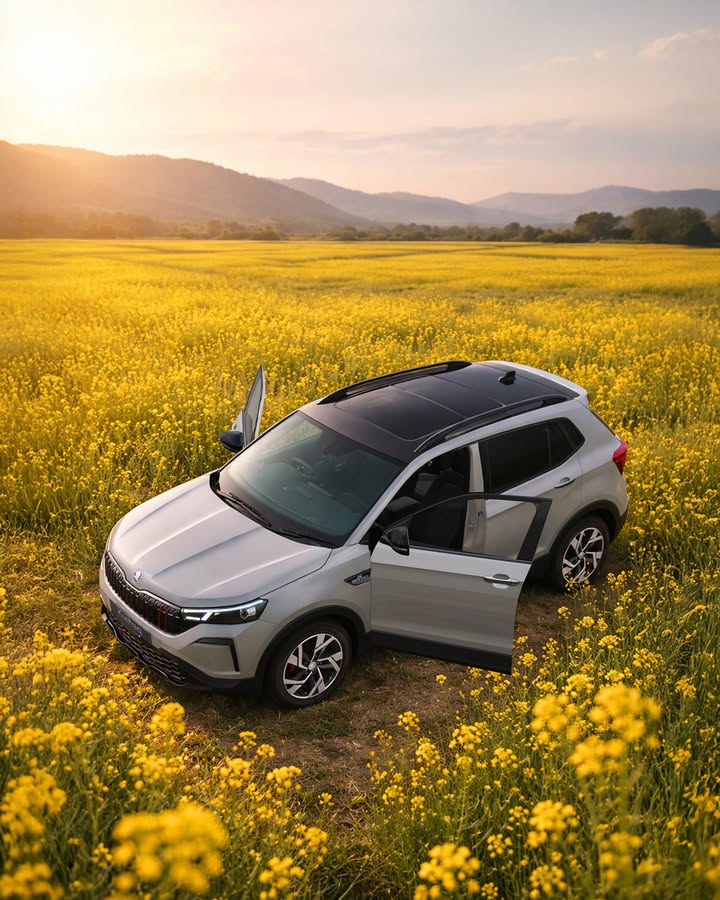 Arms stretched wide open. Mustard fields all around. The all new koda Kushaq