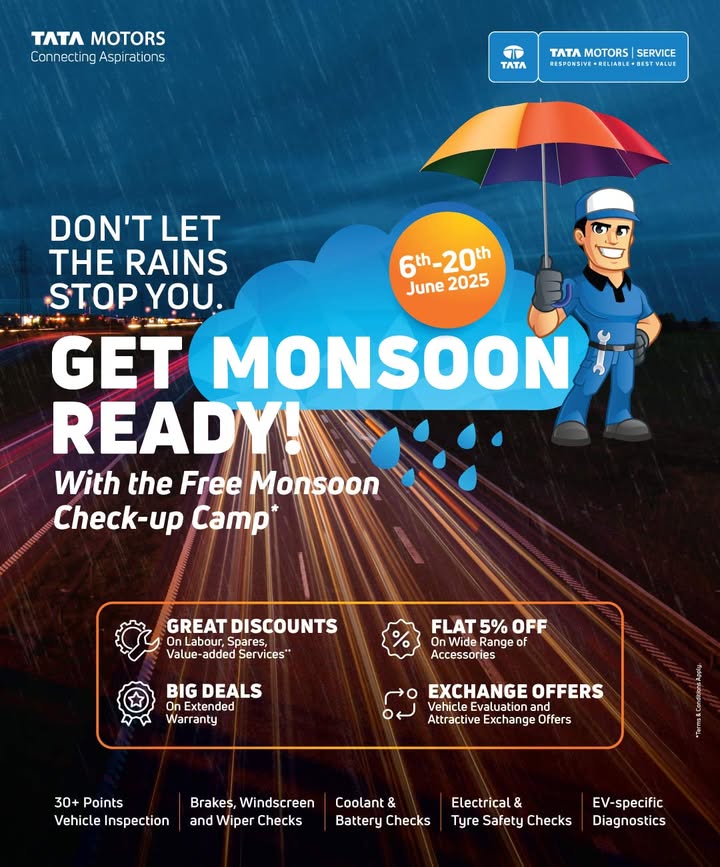 Get Your Car Monsoon Ready with the Tata Motors Monsoon Check Up, from 6th to 20th June 2025 Enjoy free inspections, exciting deals, exclusive discounts, and more at your nearest Tata Motors Service Centre Get Your Car Monsoon Ready with the Tata Motors Monsoon Check Up, from 6th to 20th June 2025 Enjoy free inspections, excit...