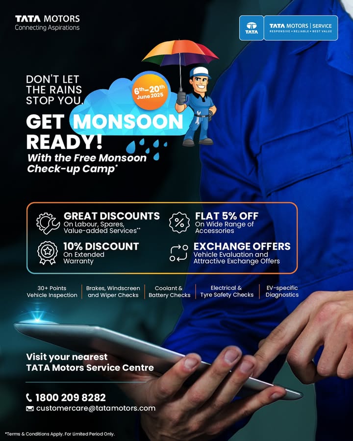 This monsoon, stay worry free. Join our Free Check up Camp from 6th to 20th June and drive safe come rain or shine. Dont wait get ready in advance 1800 209 8282 customercare tatamotors This monsoon, stay worry free. Join our Free Check up Camp from 6th to 20th June and drive safe come rain or shine