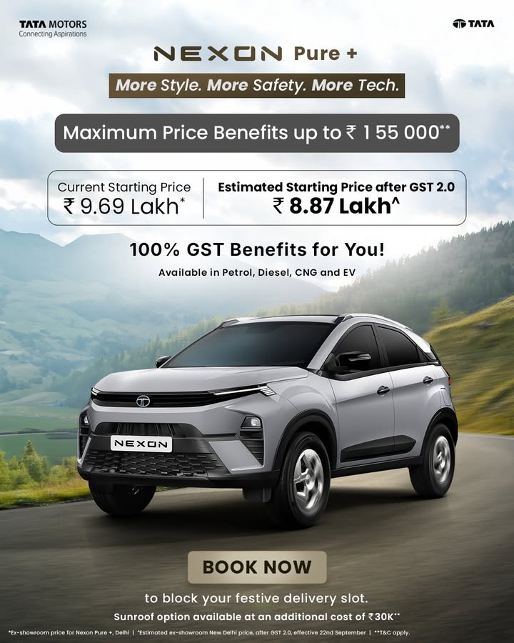 Bring home the Nexon Pure Standout SUV styling, 5 star safety, and now with 100 GST benefit worth up to 1.55 Lakh
