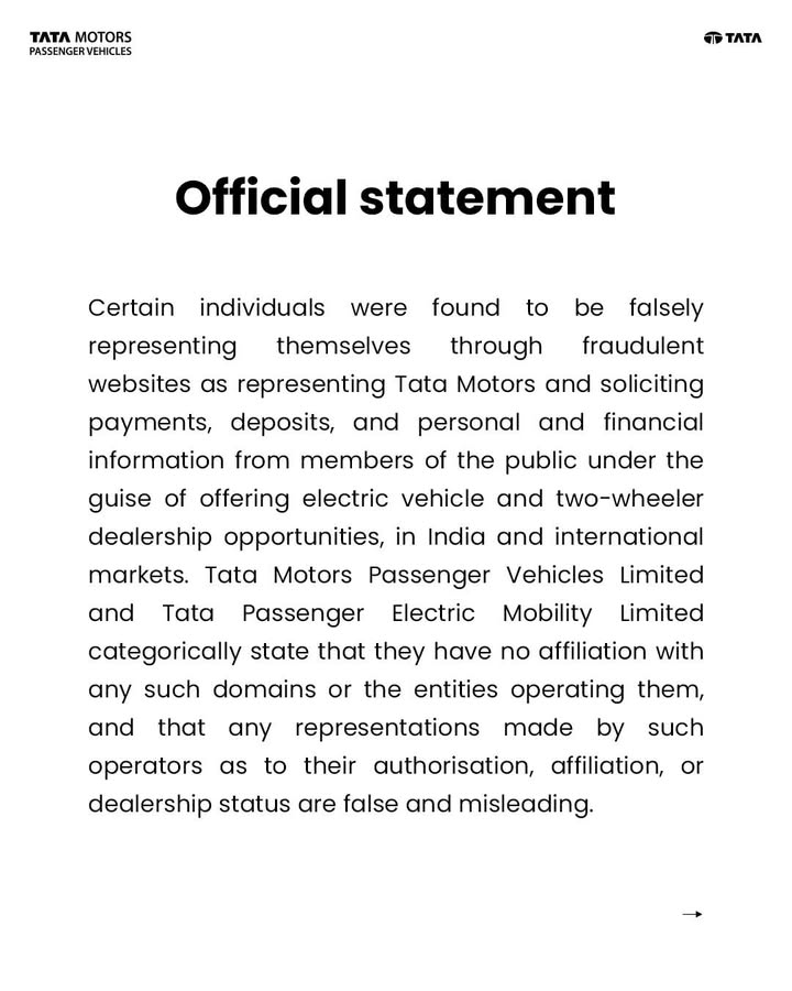 Certain individuals were found to be falsely representing themselves through fraudulent websites as representing Tata Motors...