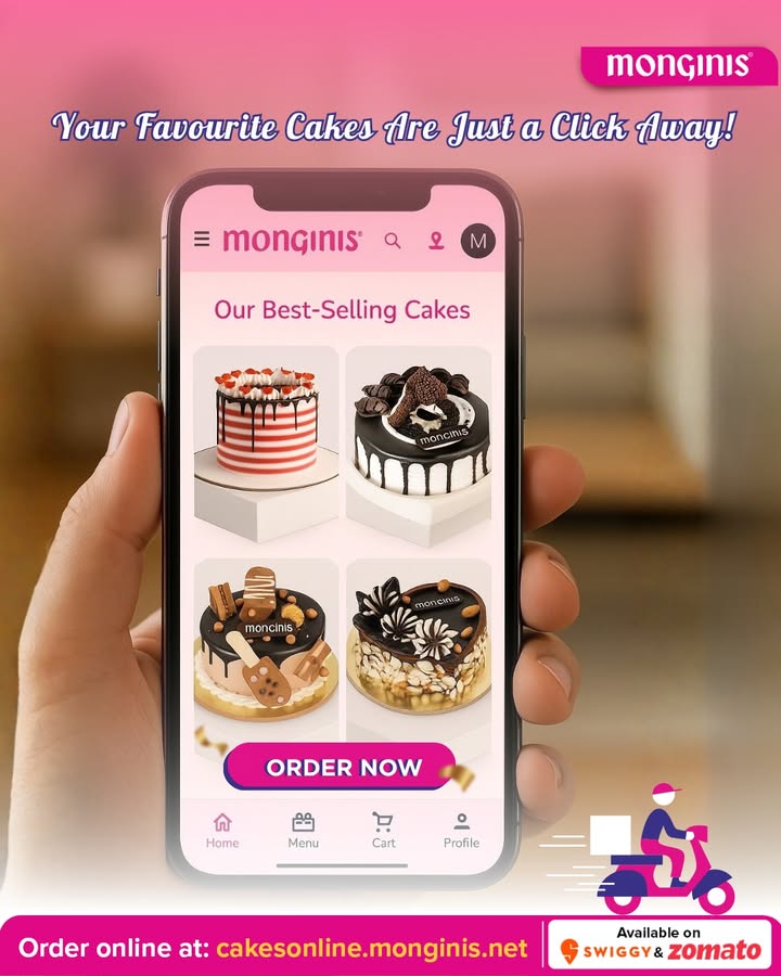 Why step out when Monginis comes to you Order your favourite cakes, treats, and sweets from the comfort of your home. Easy Ordering Quick Delivery Freshness Guaranteed Order now on cakesonline.monginis Why step out when Monginis comes to you Order your favourite cakes, treats, and sweets from the comfort of your home