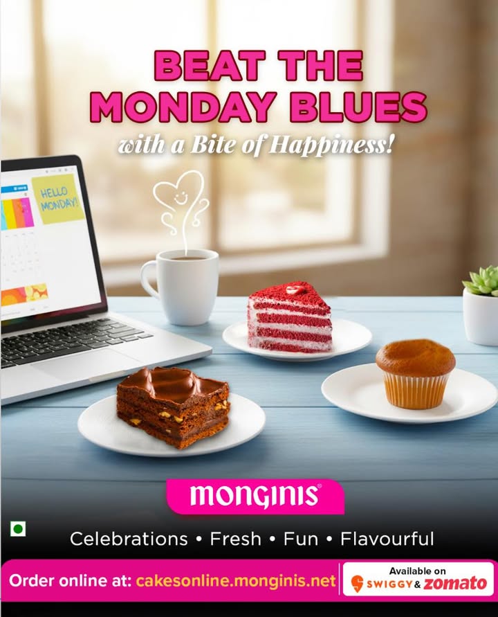 Monday Blues Not on our watch Kickstart your week with Monginis fresh bakes from soft pastries to gooey brownie...
