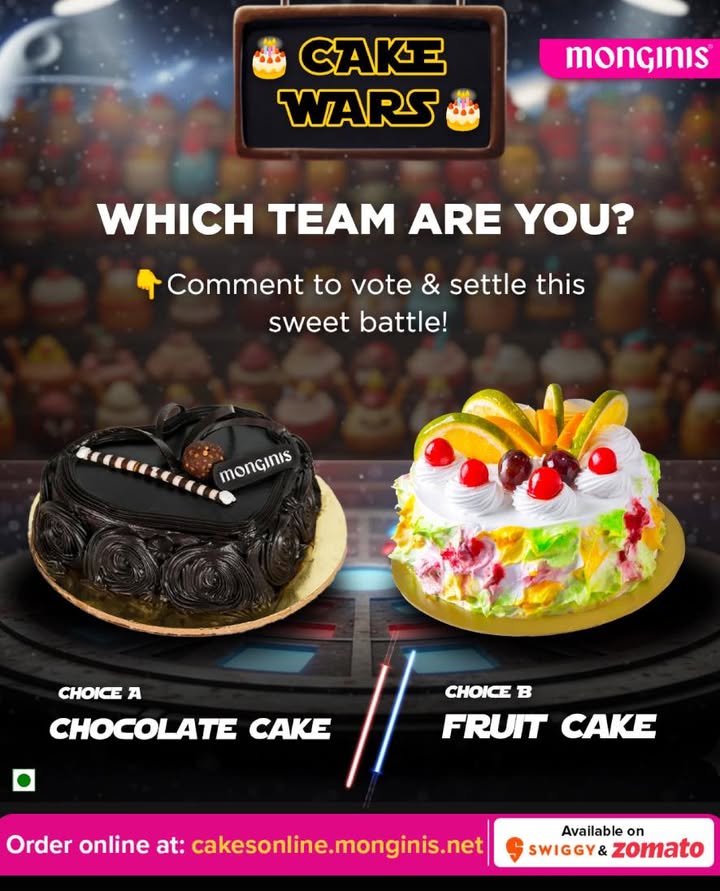 Lets settle this sweetly The Monginis way Which cake takes the crown Team Chocolate or Team Fruit ...