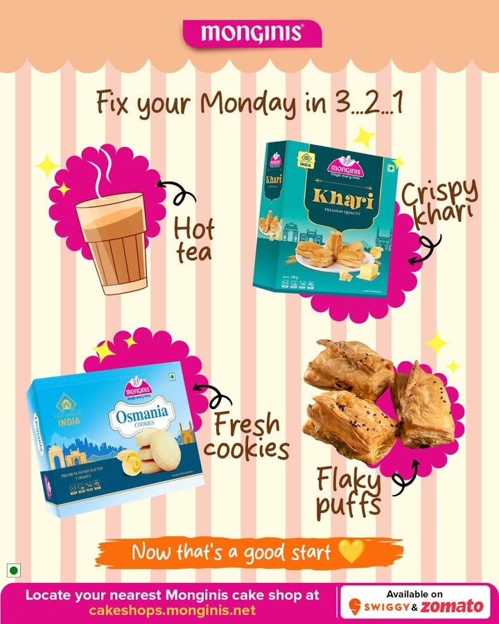 Mondays feel lighter when you start with the right treats Crispy khari, buttery cookies, fresh puffs your perfec...