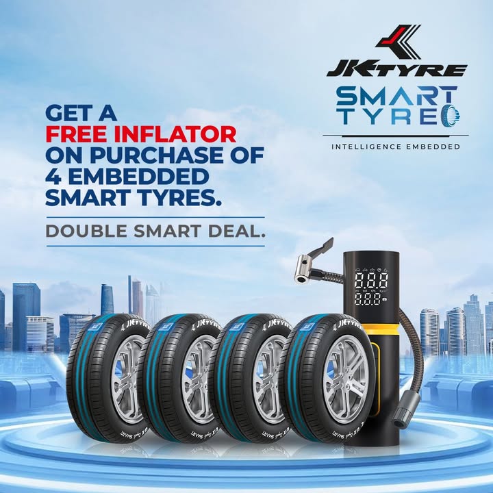 Get the ultimate Double Smart Deal Buy 4 Embedded Smart Tyres by JK Tyre and get a FREE Tyre Inflator