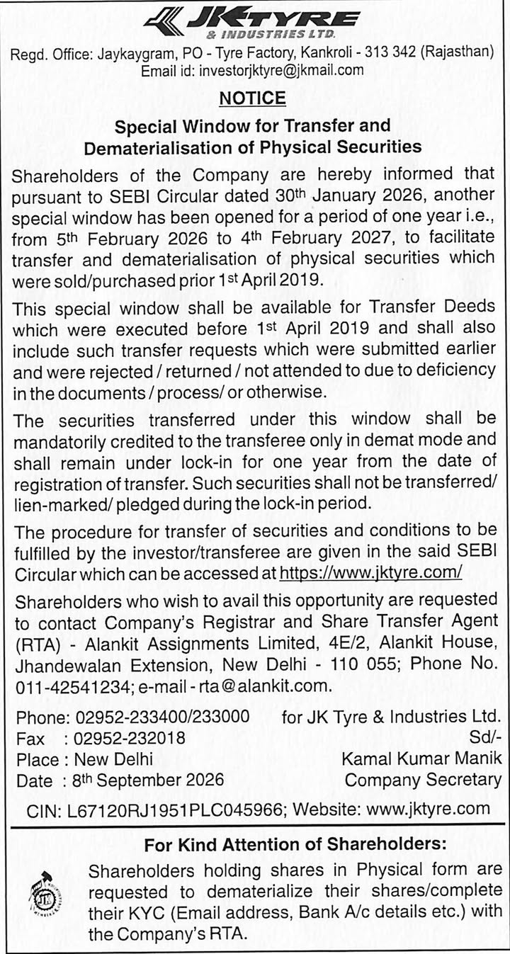 SEBI Circular dated 30th January 2026 Special Window for Transfer and Dematerialisation of Physical Securities
