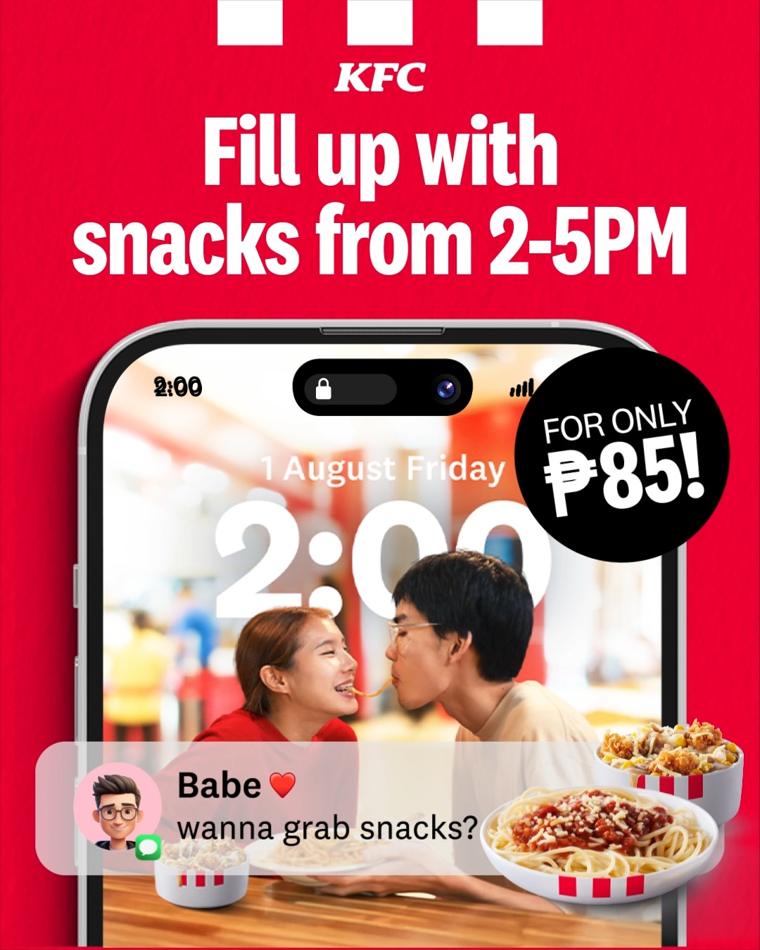 Need an afternoon boost Enjoy an unmatched Famous Bowl and Spaghetti meryenda with KFCs Snack Fill Up from 2 5PM lang ...