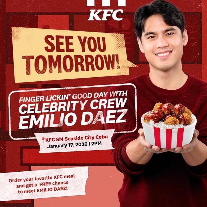 Tomorrows the day KFC SM Seaside City Cebu hosts a Finger Lickin Good Day with Celebrity Crew Emilio Daez from 2 4 P...