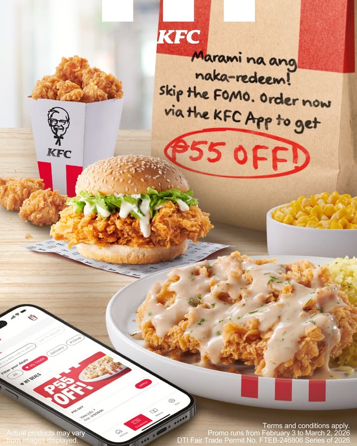 This is your sign Enjoy 55 OFF when you hit 600 minimum spend via the KFC App DTI Fair Trade Permit No