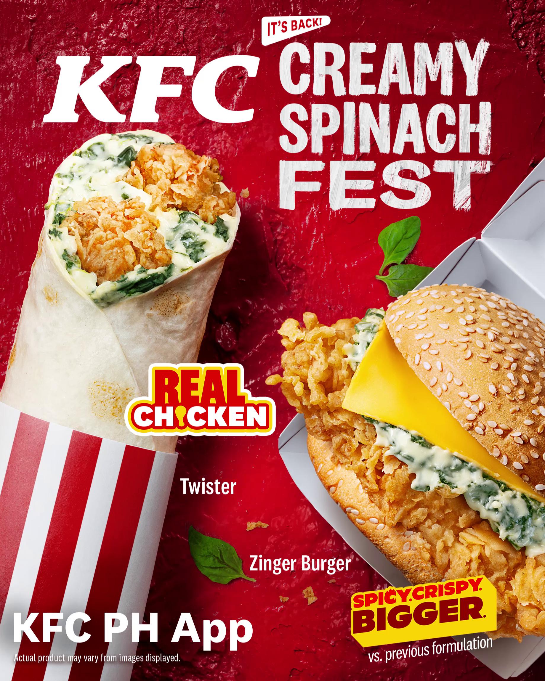 Fall in love again with the KFC Creamy Spinach Fest, now back with the Creamy Spinach Twister and Zinger Burger.