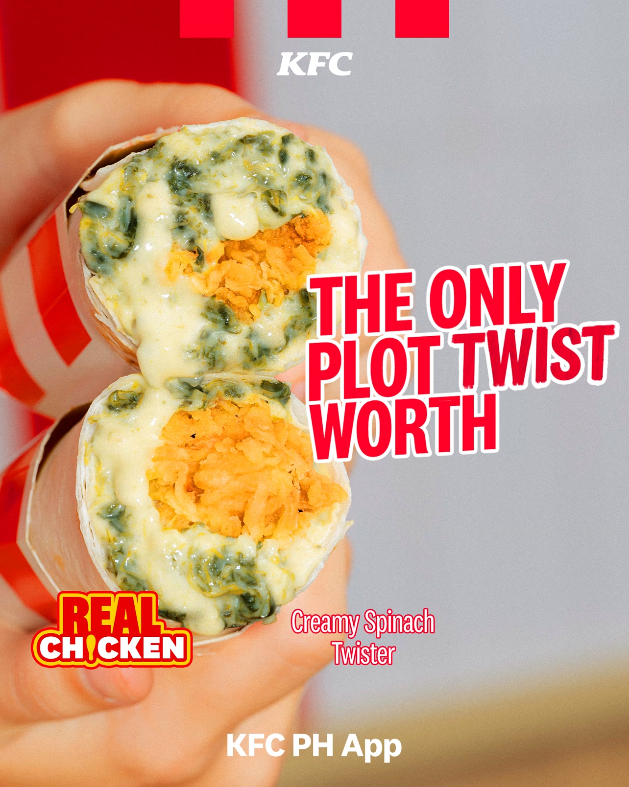 KFC Creamy Spinach Twister is back. Loaded with creamy, oozing sauce and real chicken shots. Order now 