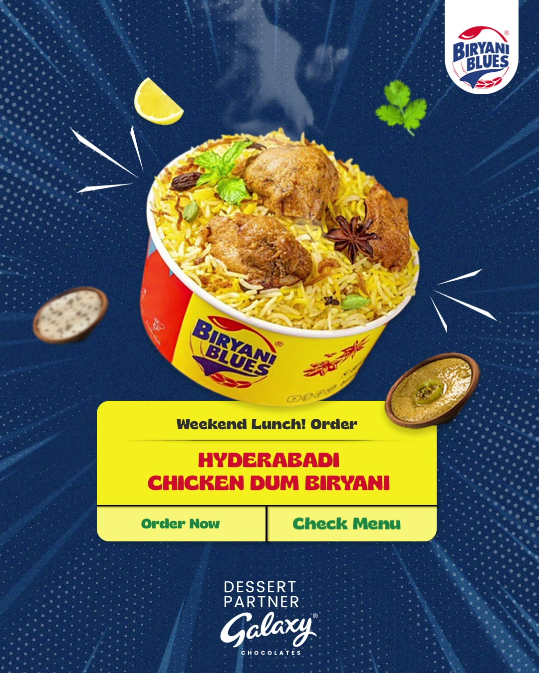 Zyada sochne ka nahi, bas Hyderabadi Chicken Dum Biryani ka order dene ka Make your weekend drool worthy Dess...