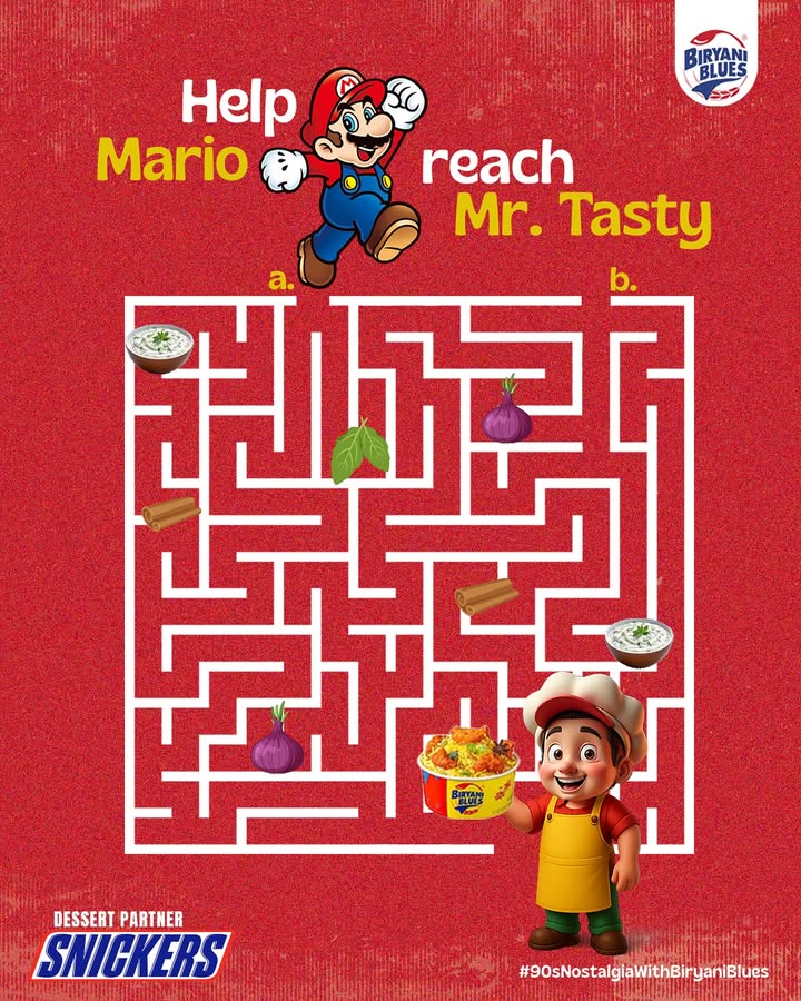 Mario ko chahiye sirf ek cheez Biryani ki asli destiny Spice hurdles Veggie villains No sweat Lets help bhai reach Mr. Tasty Comment karo the right answer A ya B Dessert Partner snickers Mario ko chahiye sirf ek cheez Biryani ki asli destiny Spice hurdles Veggie villains No sweat Lets help bha...