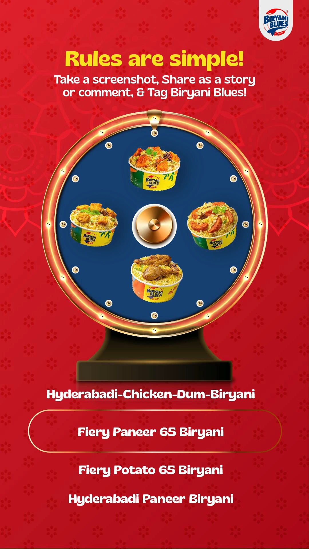  BiryaniBlues ka Festive Food Roulette spin ho chuka hai Ways to participate Take a screenshot share on your stor...