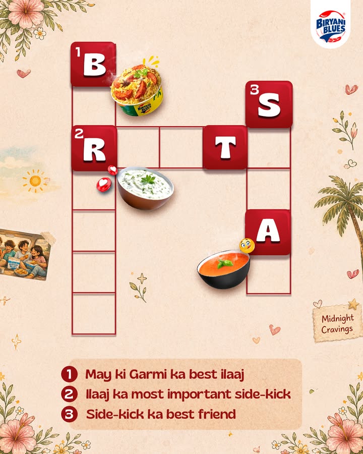 Crossword solve karo aur combo decode karo Sahi jawab dene wale 2 log jeetenge free biryani Hint Ilaaj bhi, ...