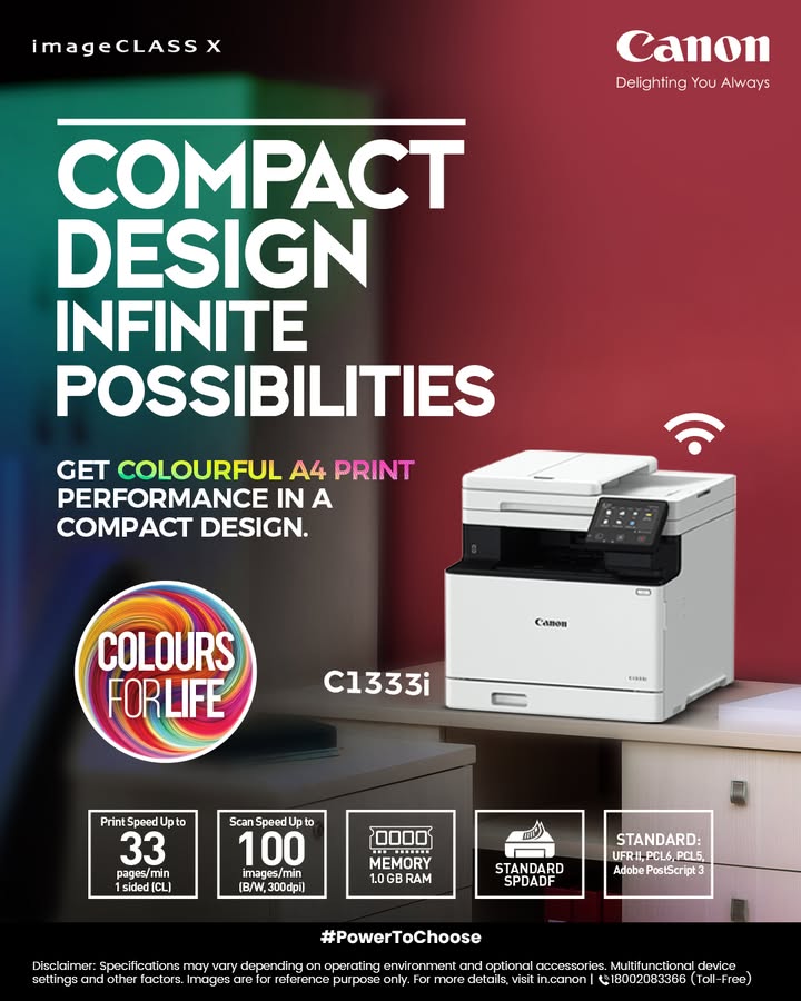 Get vibrant A4 prints with speed, reliability, and seamless connectivity in the C1333i