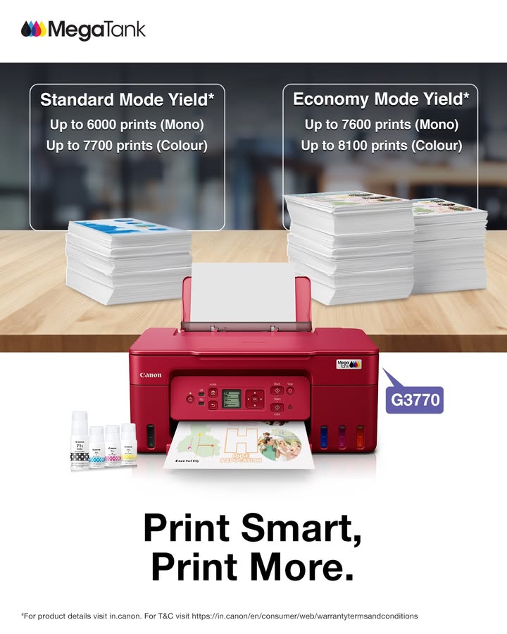 The PIXMA G3770 and its Ink Economy Mode ensures sharp prints at lower costs, making every page budget friendly