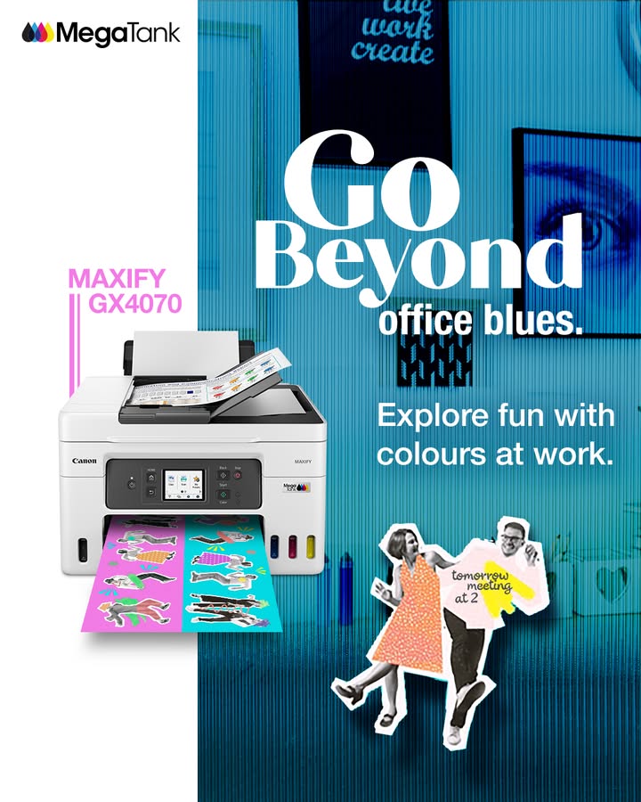 GoBeyond office blues with MAXIFY GX4070. Now unlock fun at work with ultra affordable colour printing and 4 in 1 inkjet printer, that multitasks just like you GoBeyond office blues with MAXIFY GX4070