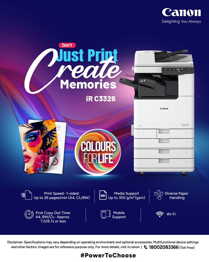 More than printing bring your memories to life with iR C3326. Enquire Now https cloud.connect.canon.co.in power to choose BusinessCanBeSimple CANwithCanon CanonIndia DelightingYouAlways MultifunctionalDevices ColourMFD iRC3326 imageRunner More than printing bring your memories to life with iR C3326. Enquire Now https cloud.connect.canon.co