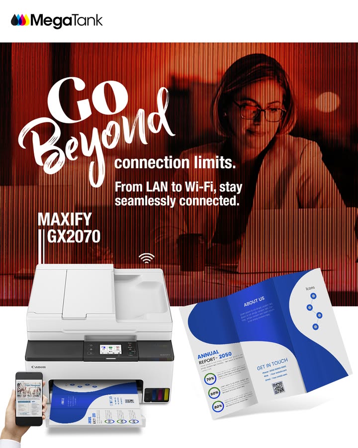 Designed for full network compatibility, the MAXIFY GX2070 supports both wireless and wired LAN connections, Easily print wi...
