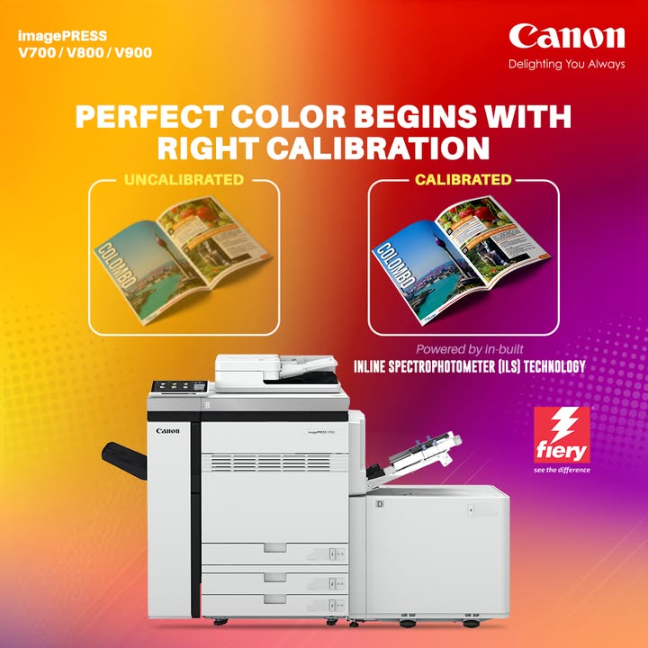 Consistency isnt optional with Canon production printers, its the standard. Canon imagePRESS V Series ensures that every output is accurately calibrated thanks to its advanced Inline Spectrophotometer ILS technology Consistency isnt optional with Canon production printers, its the standard