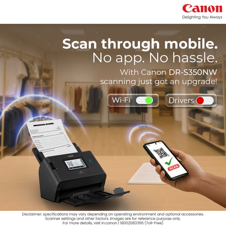 Scan Directly from Your Mobile No App, No Hassle. Canon DR S350NW Smart Scanning Made Effortless
