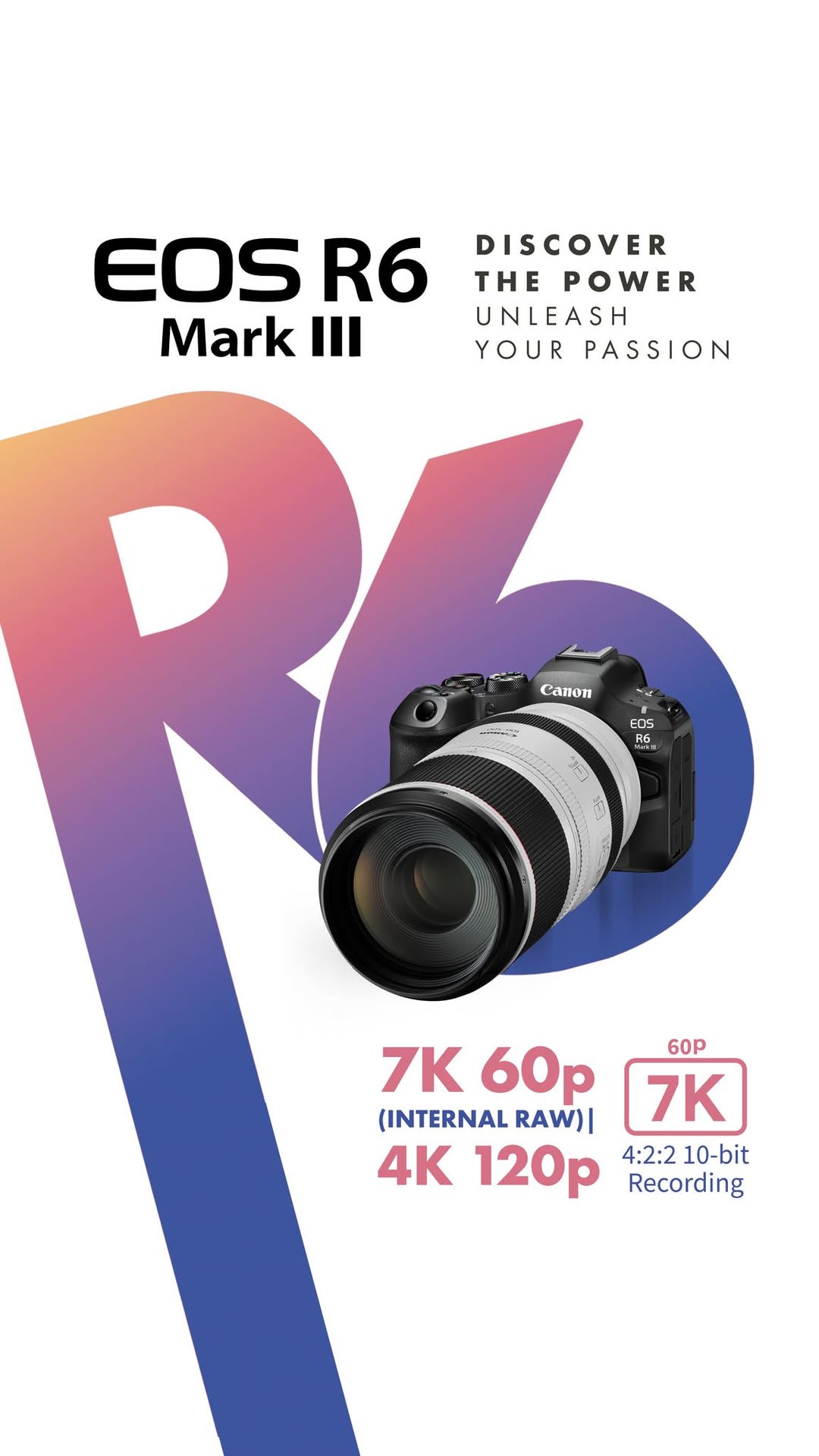 EOS R6 Mark III 7K 60p Internal RAW 4K 120p Shoot in 7K 60p Internal RAW for breathtaking resolution and cinematic de...
