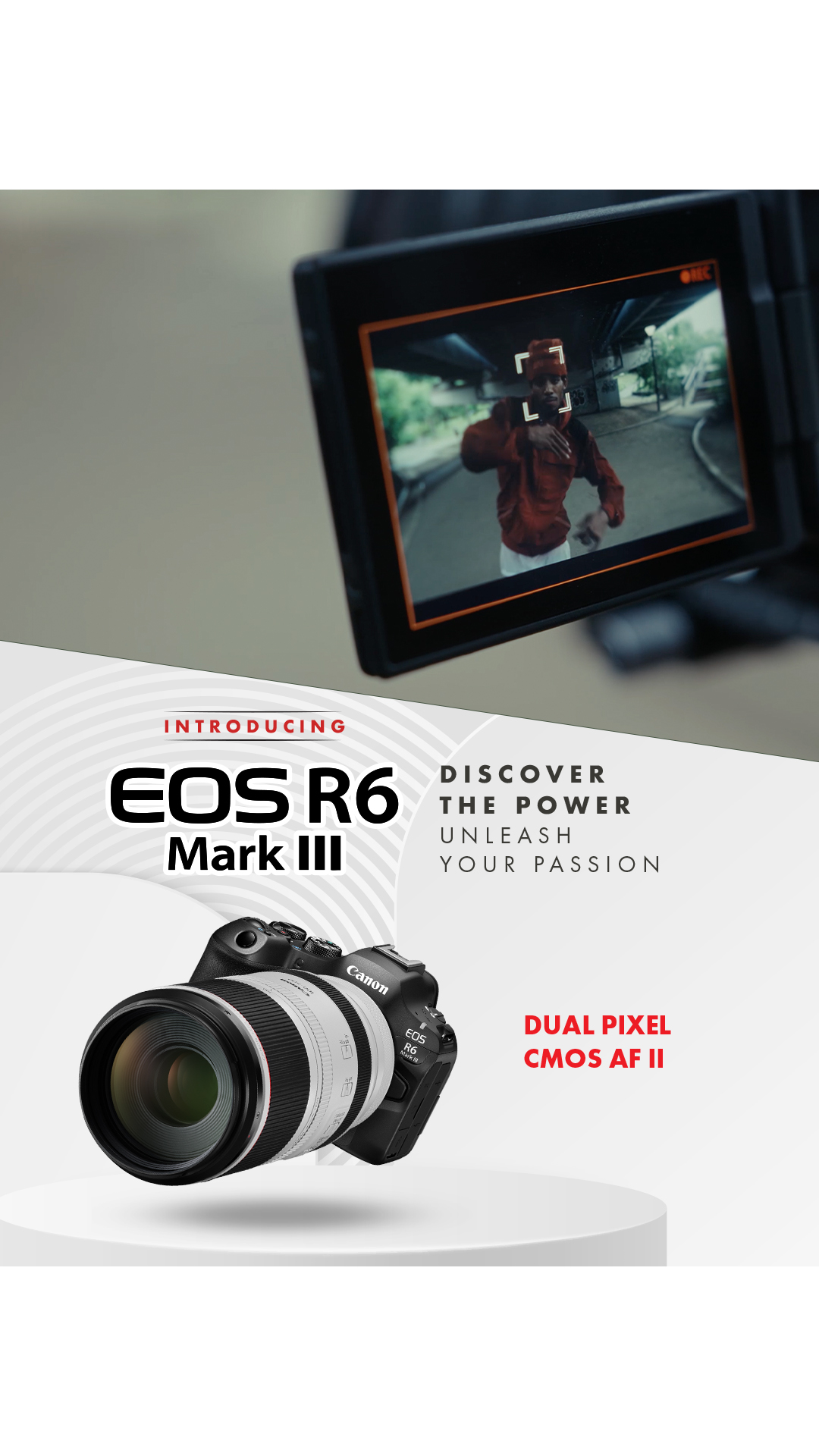 EOS R6 Mark III Dual Pixel CMOS AF II With Dual Pixel CMOS AF II, achieve rapid autofocus and intelligent subject trackin...