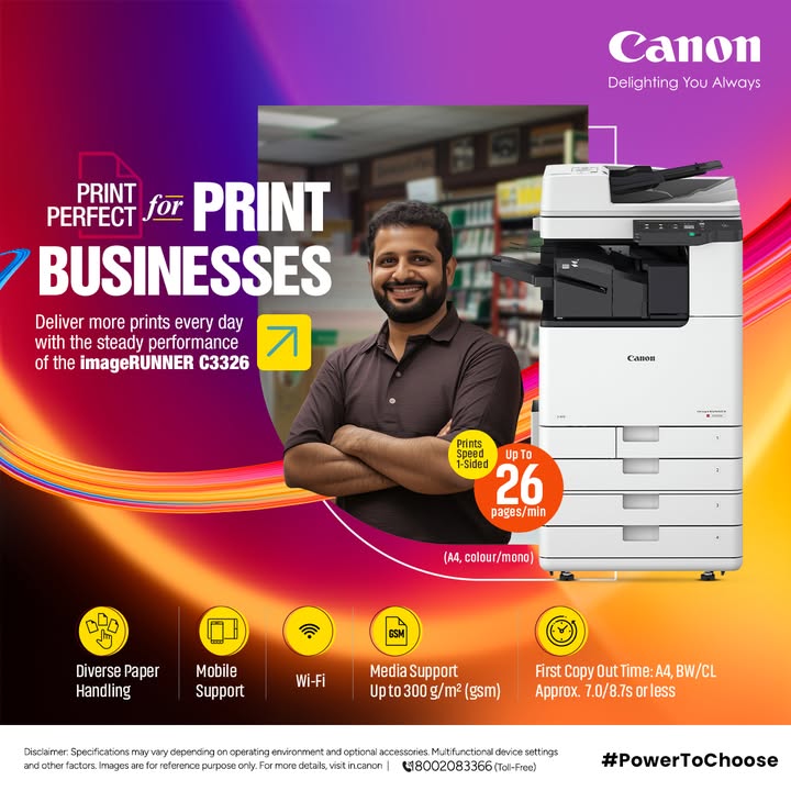 Print perfect with the Canon iR C3326 power your print business with precision and vibrant results