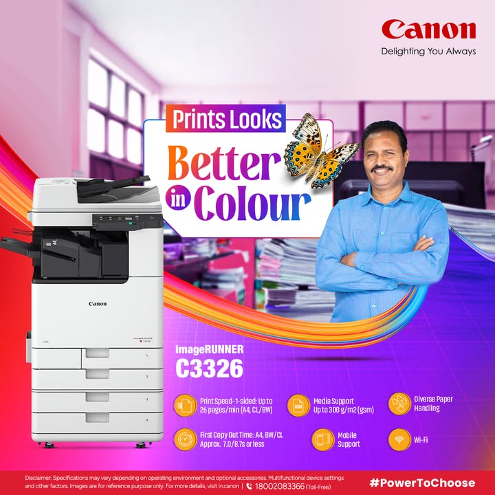 Experience the power of colour with Canon iR C3326 where every print speaks quality, clarity, and impact