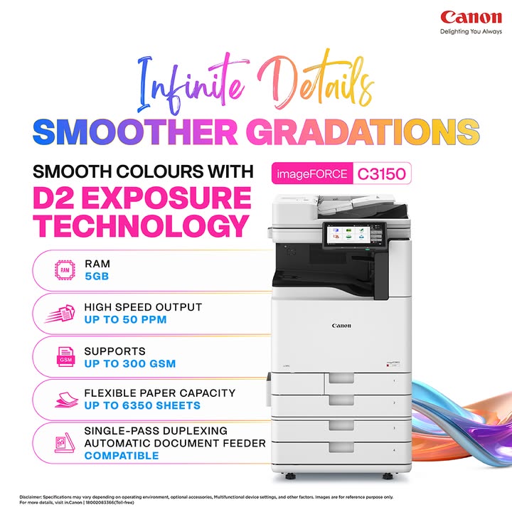 Experience smoother gradations, richer colours, and sharper output with the Canon imageFORCE C3150