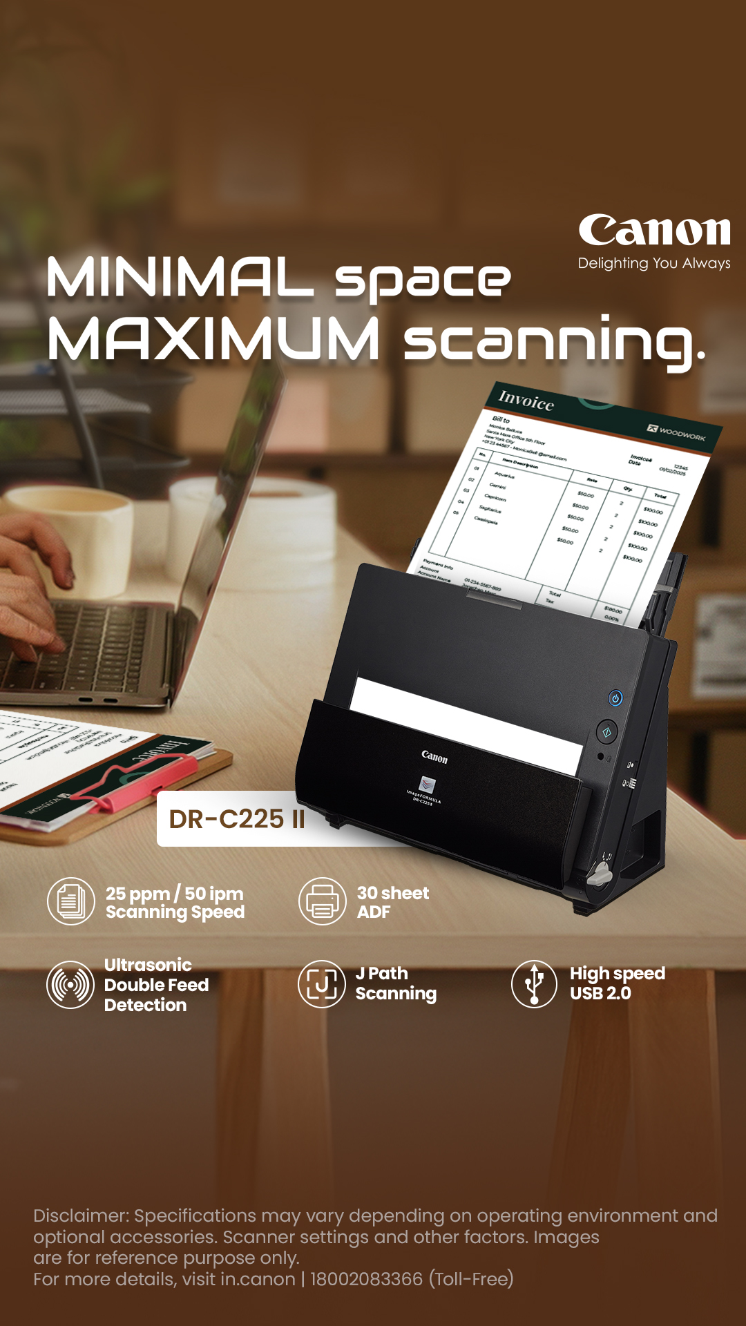 Scan faster, save space, and simplify document management with the Canon imageFORMULA DR C225 II