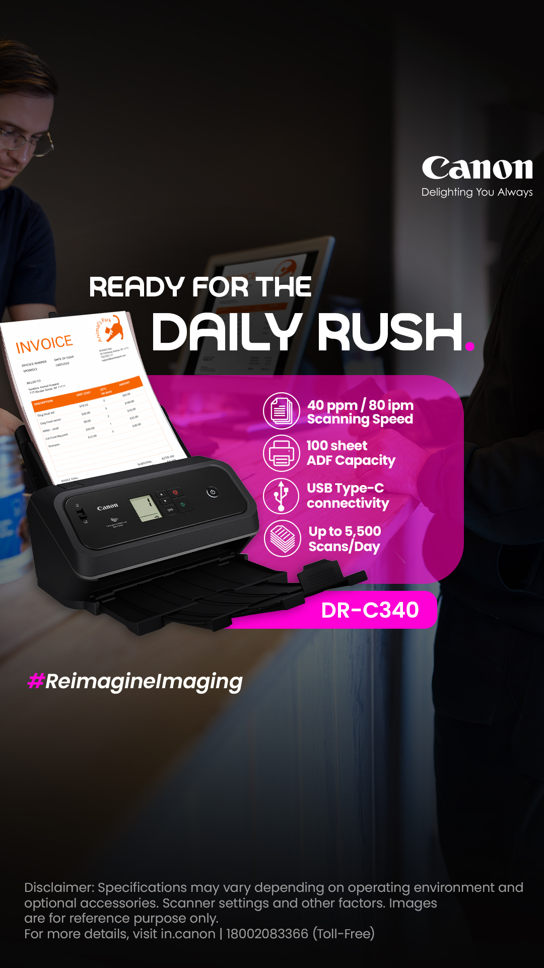 Built for busy desks. Ready for every scan. Keep documents moving with the Canon imageFORMULA DR C340