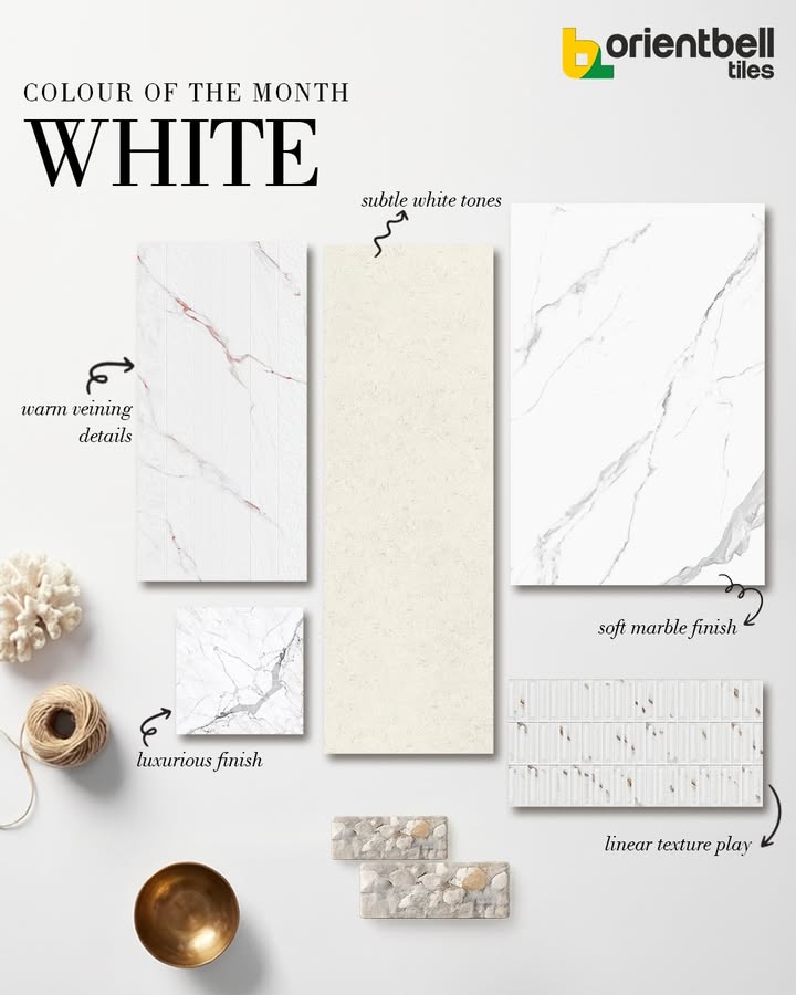 Soft marble veins meet sculpted textures and high gloss reflections, each surface expressing a distinct character of white