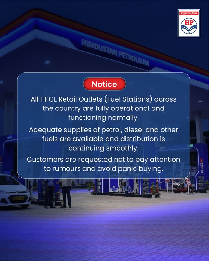 All HPCL Retail Outlets Fuel Stations across the country are fully operational and functioning normally