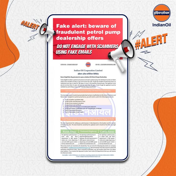 We have been made aware of fraudulent emails from iocl petrolpumpvitrkdealerchayan.com offering fake petrol pump dealerships. This is not a legitimate channel We have been made aware of fraudulent emails from iocl petrolpumpvitrkdealerchayan