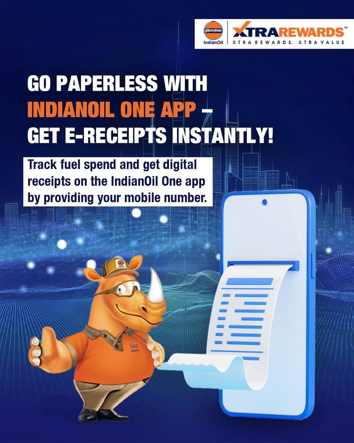 Go paperless and simplify your refuel experience Share you number and get your e receipt instantly with the IndianOil One App no more clutter, just digital convenience Go paperless and simplify your refuel experience Share you number and get your e receipt instantly with the IndianOil One A...