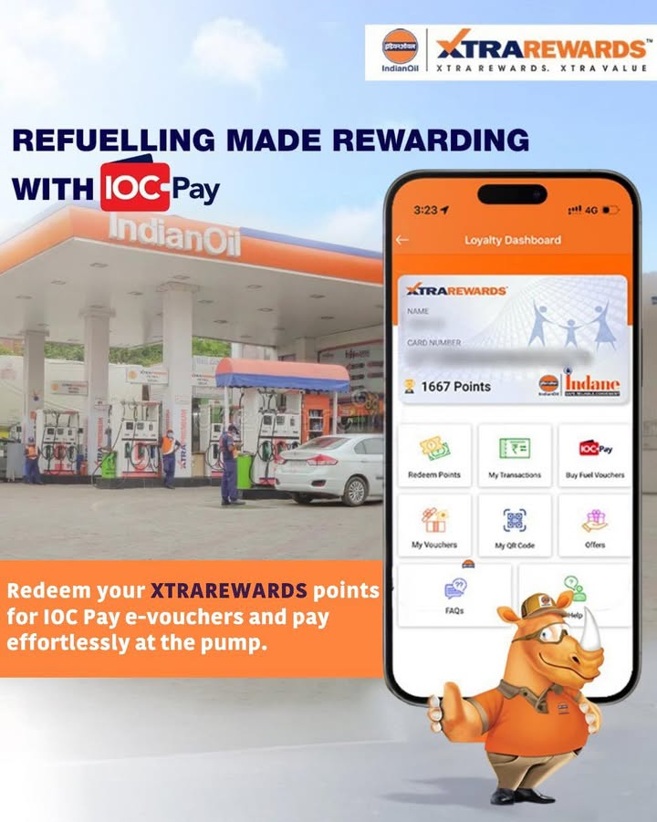 Redeem your XTRAREWARDS points for IOC Pay e vouchers on the IndianOil ONE App and pay effortlessly at the pump. Smarter fueling starts with smarter rewards Download now https apps.apple.com in app indianoil one id1444511410 https play.google Redeem your XTRAREWARDS points for IOC Pay e vouchers on the IndianOil ONE App and pay effortlessly at the pump