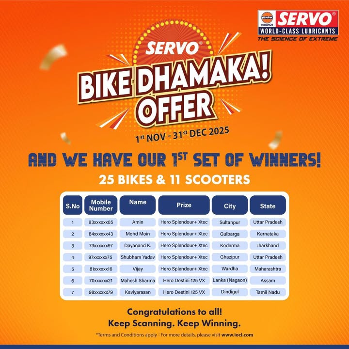 The engines of joy are revving Congratulations to the first group of SERVO Bike Dhamaka winners