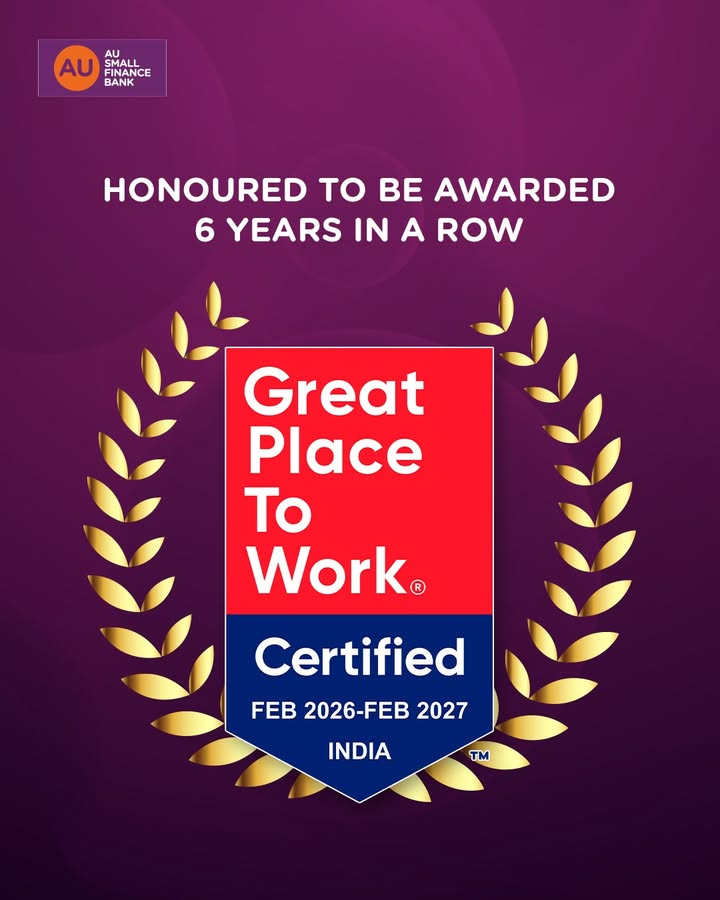 AU Small Finance Bank is proud to be recognised as a GreatPlaceToWork for the 6th consecutive year, a milestone made possi...