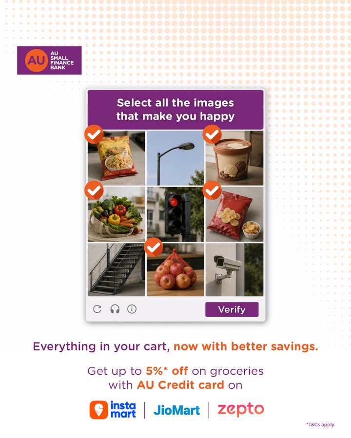 Looks like your essentials came with rewards Save on grocery shopping with AU Credit Cards across Zepto, JioMart Instama...