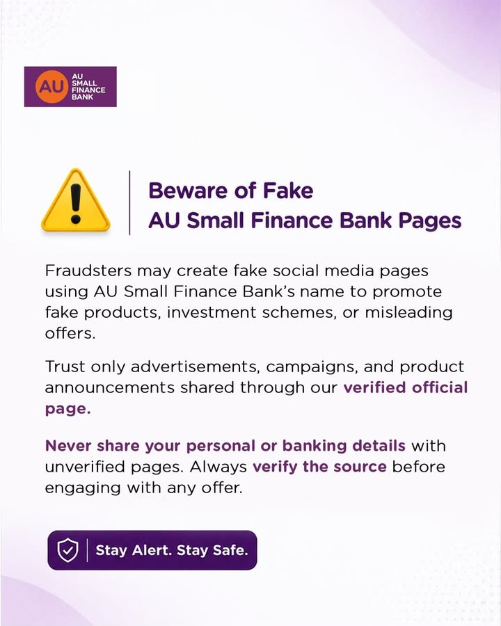 This is the only official AU Small Finance Bank Facebook page, identified by the blue verification tick